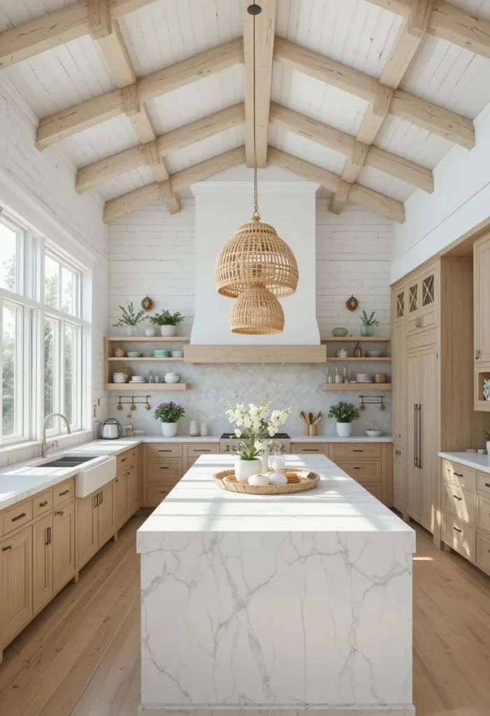 Full coastal kitchen with woven rattan pendant lights and bright natural textures throughout.