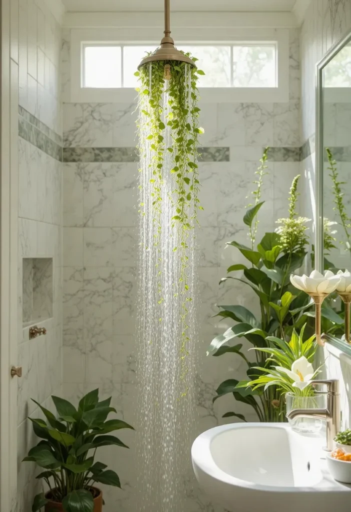 Bathroom with plants and eucalyptus creating a fresh natural spa feel