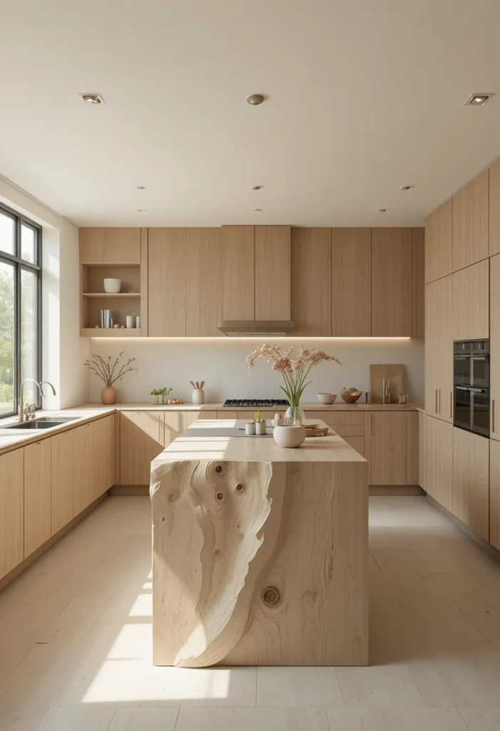 Peaceful Japandi kitchen featuring a pale wood waterfall island and minimalist styling.