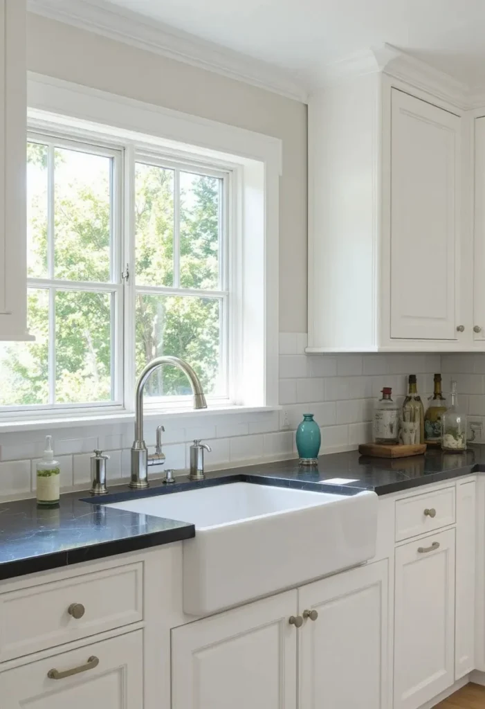 White kitchen with black countertops and subway tile backsplash.