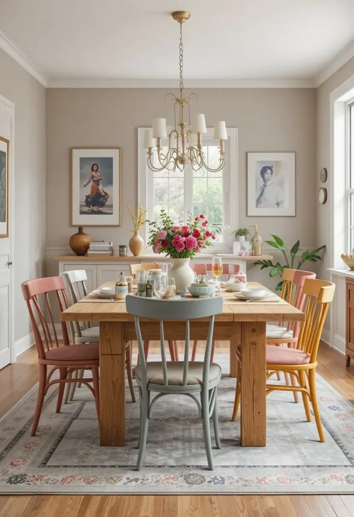 Dining room with colorful mismatched chairs around a natural wood table