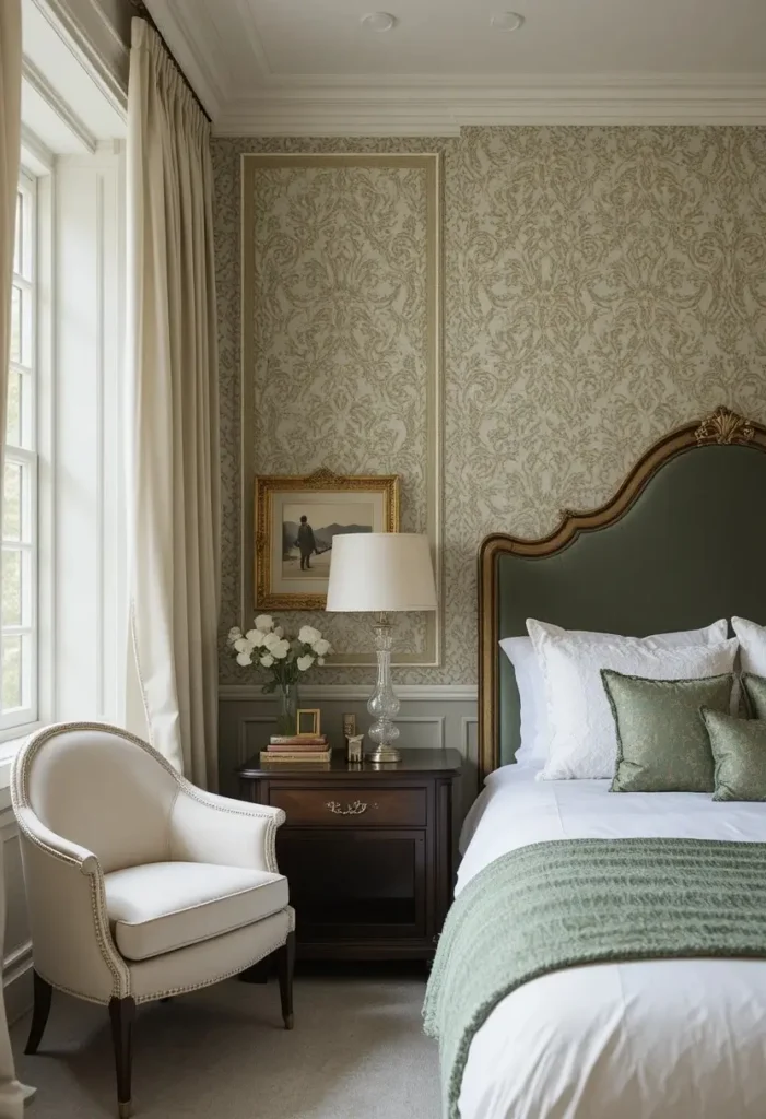 Elegant bedroom featuring classic trellis patterned wallpaper.