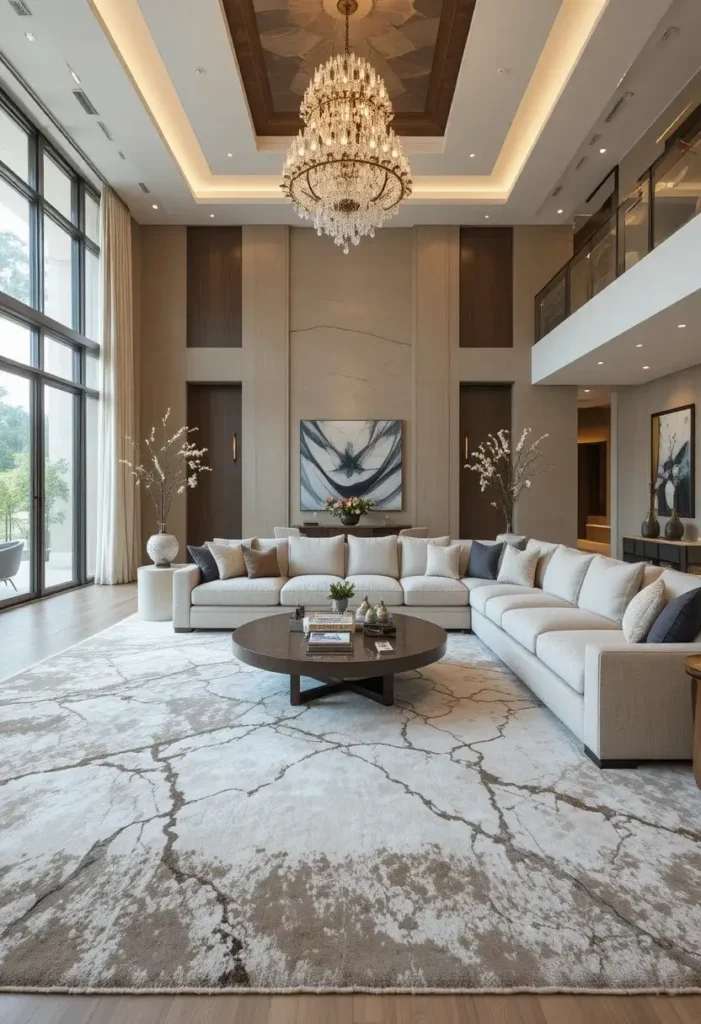 Oversized area rug creating a luxurious designer-style living room.