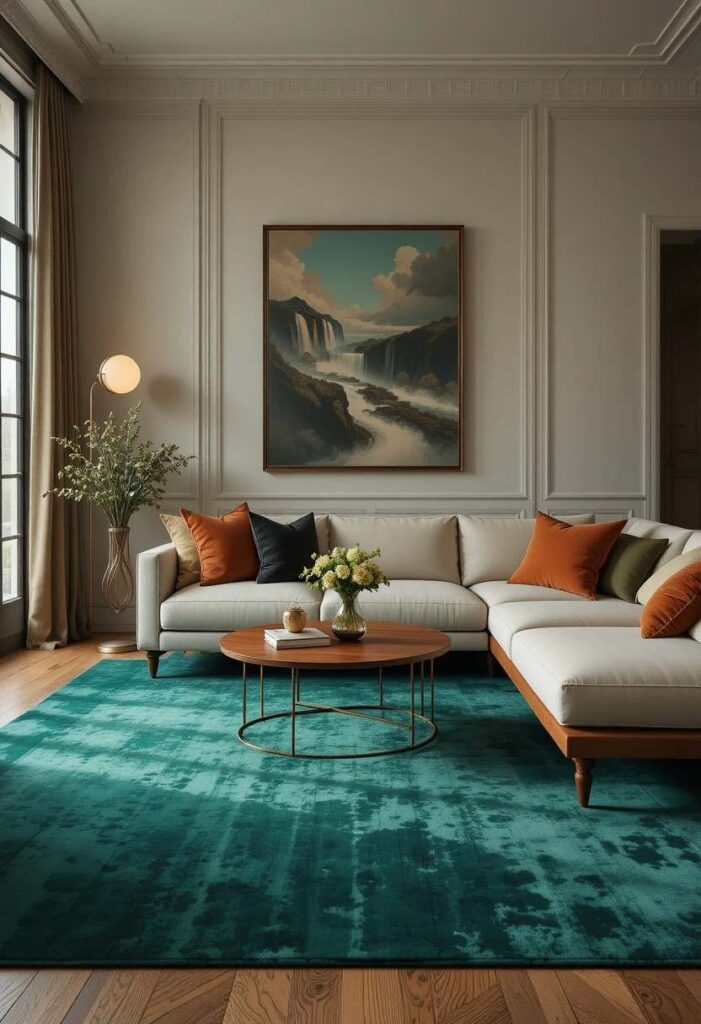 Modern living room featuring a rich emerald green rug with cream and wood accents.