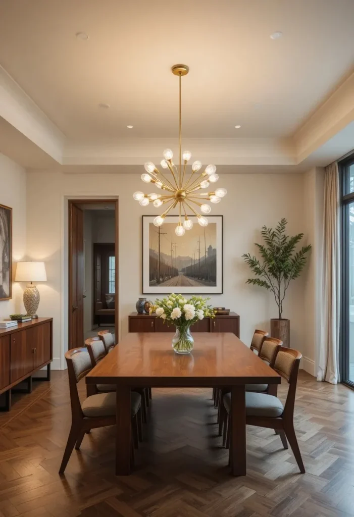 Mid century dining room with a dramatic Sputnik chandelier above the dining table.