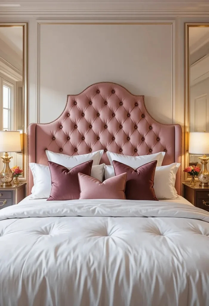 Blush pink velvet headboard in elegant luxury bedroom.