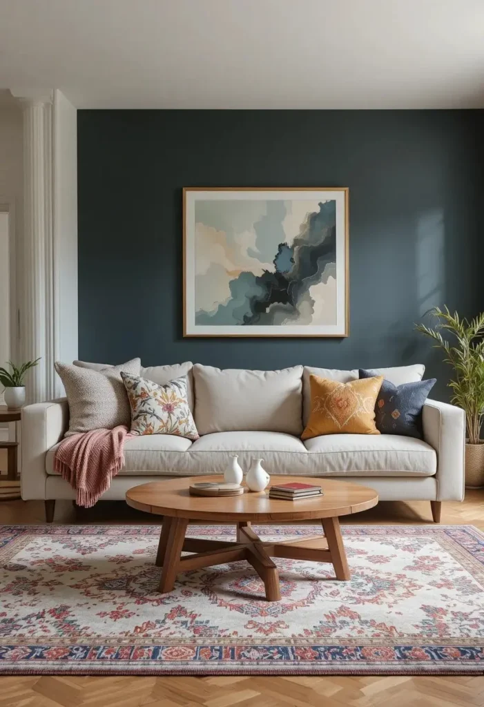 Neutral sofa paired beautifully with a colorful patterned area rug.