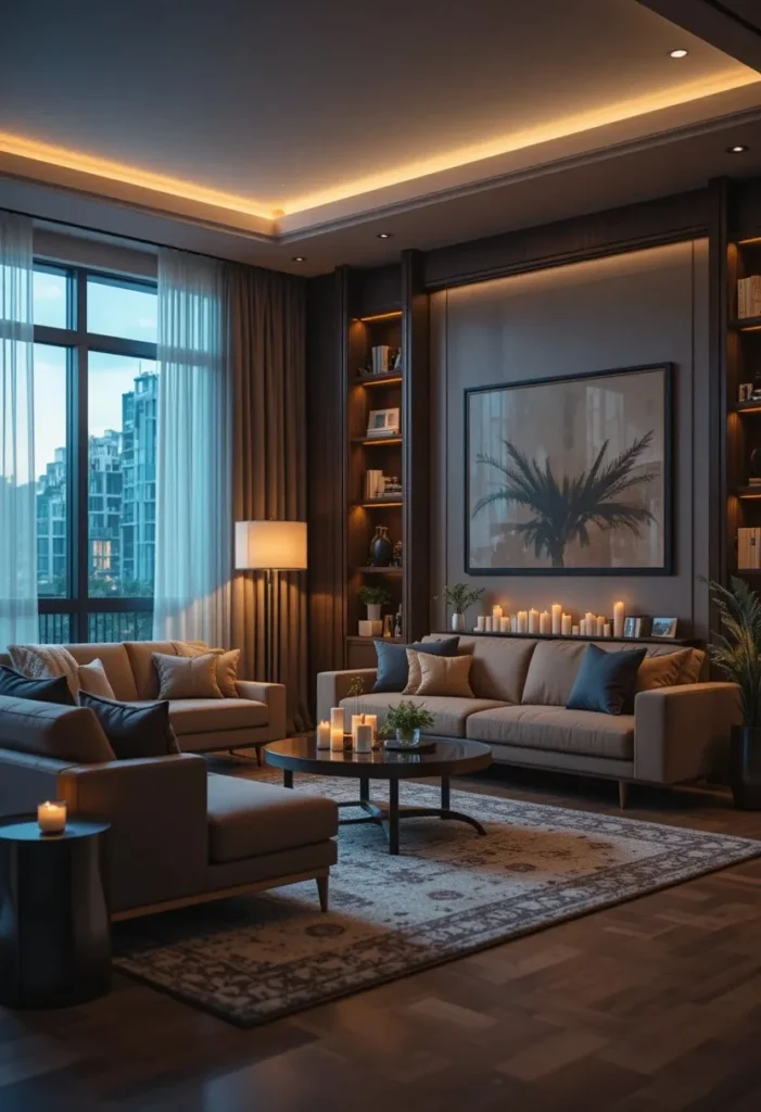 Full apartment living room glowing with layered cozy lighting