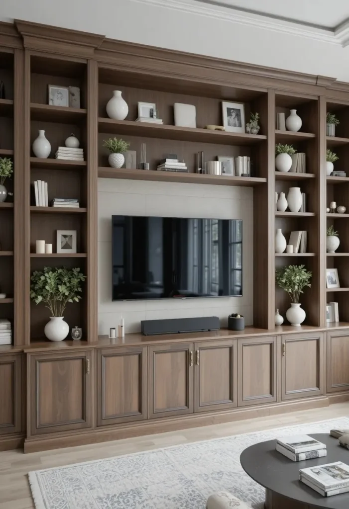 Built-in shelving units around TV with books and decorative accents