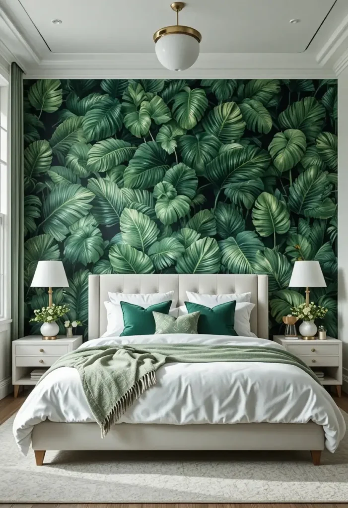 Bedroom with tropical botanical wallpaper and fresh jungle-inspired decor.