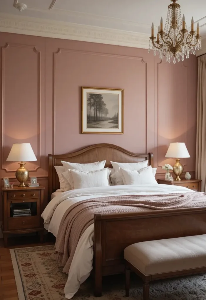 Dusty rose bedroom walls with cream bedding and walnut furniture.