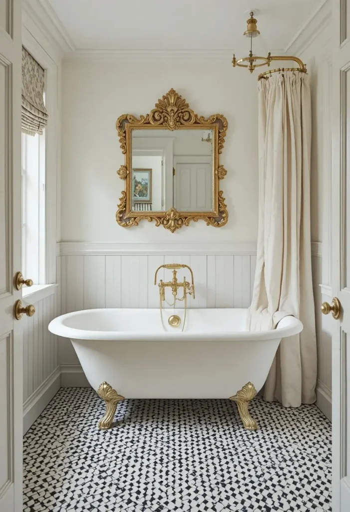 Vintage-style small bathroom featuring a compact clawfoot bathtub and classic details.