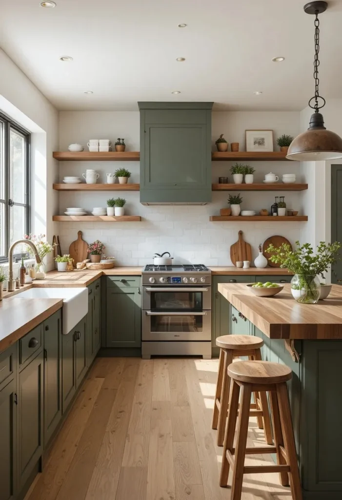 Full earthy green kitchen with natural wood accents