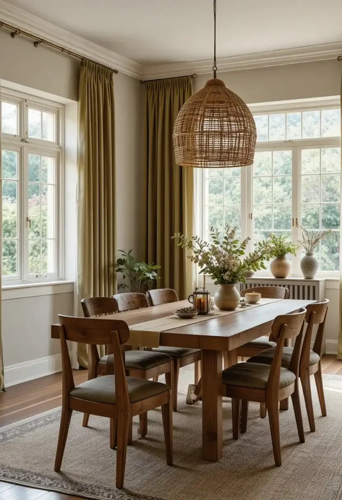 Full olive green dining room with warm wood creating an earthy cozy feel