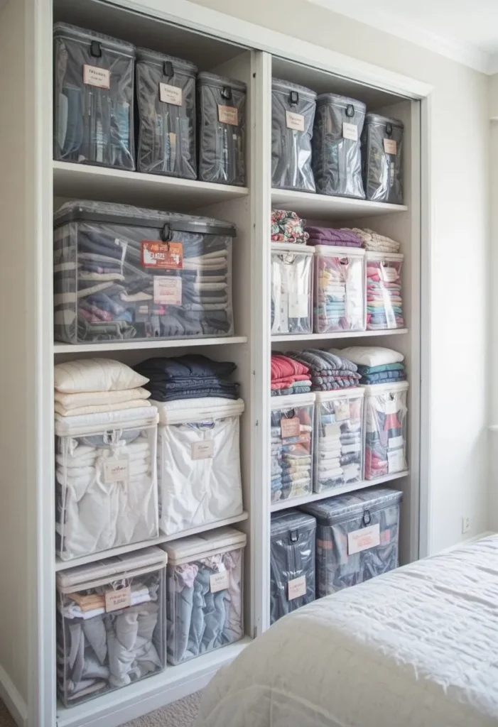 Bedroom using seasonal clothing storage boxes and vacuum bags to maximize space.