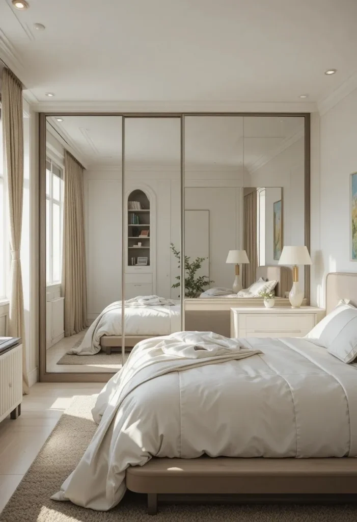 Small bedroom with mirrored wardrobe doors that make the room appear larger.