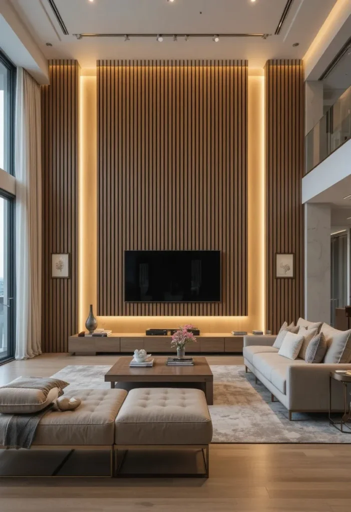 Modern wooden slat accent wall with warm lighting in a living room.
