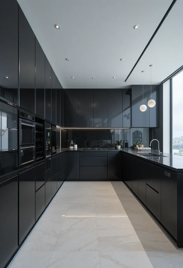 Sleek black porcelain countertops in a minimalist modern kitchen.