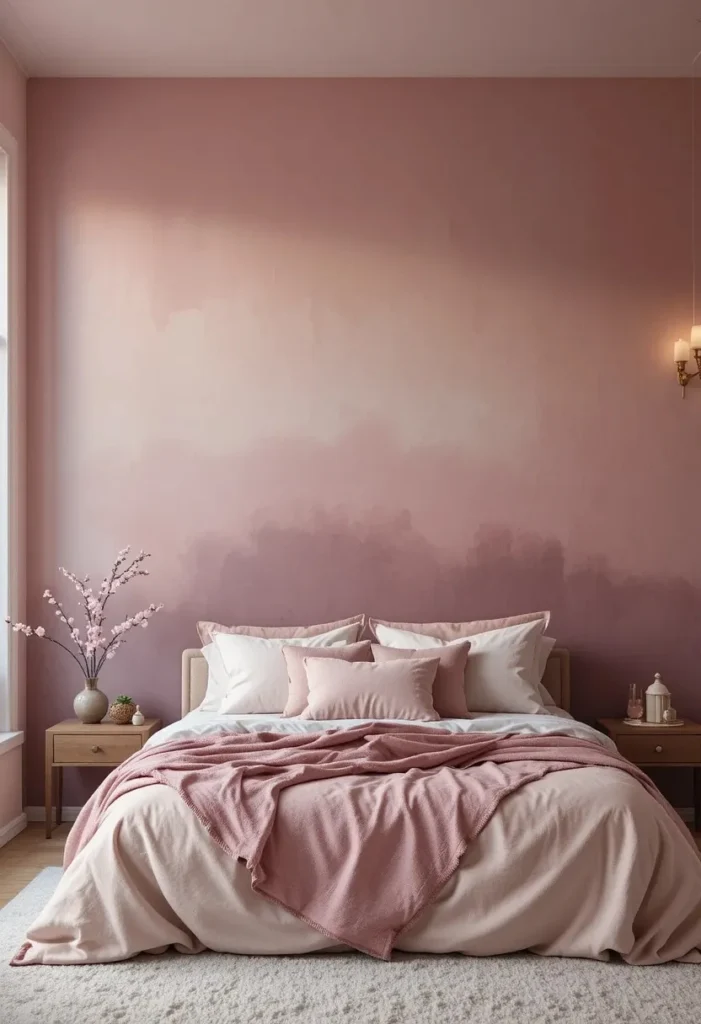 Pink ombre bedroom wall fading from dark rose to blush.