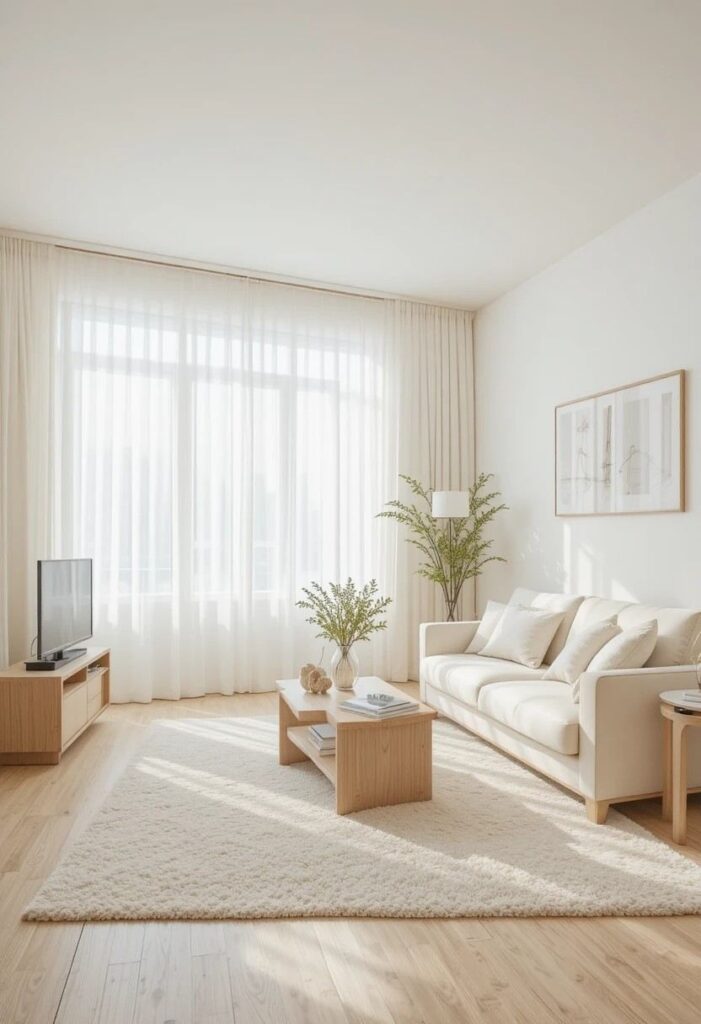 Small living room made brighter with a soft ivory area rug.
