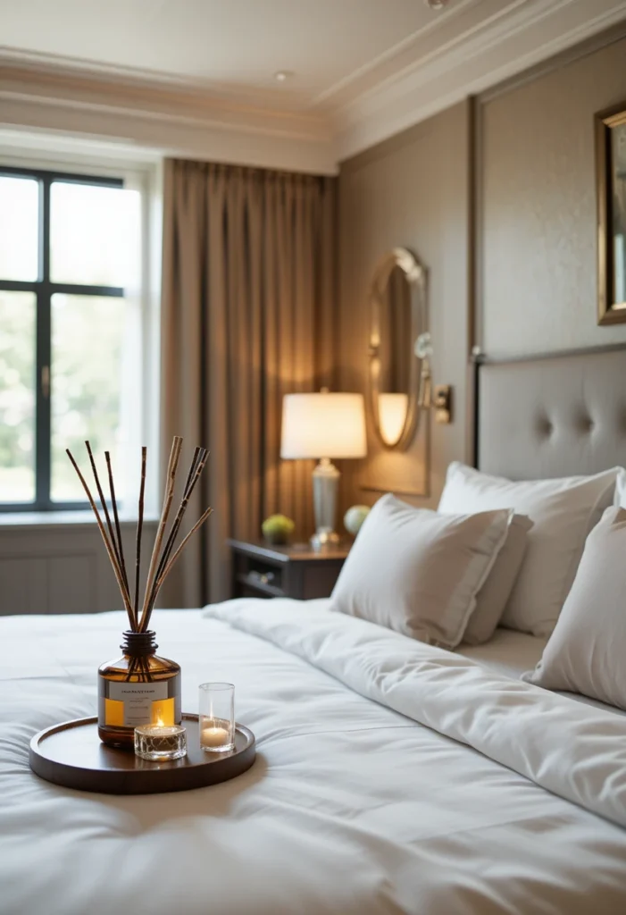 Full guest room styled with fresh scent diffuser