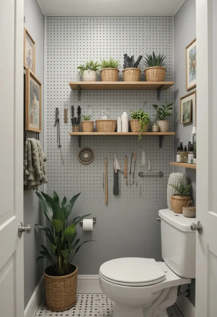 Small bathroom with pegboard wall storage for flexible organization