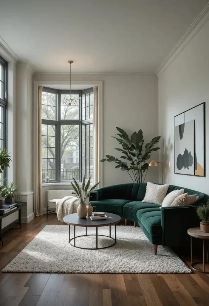 Full apartment living room view with deep green statement sofa centerpiece