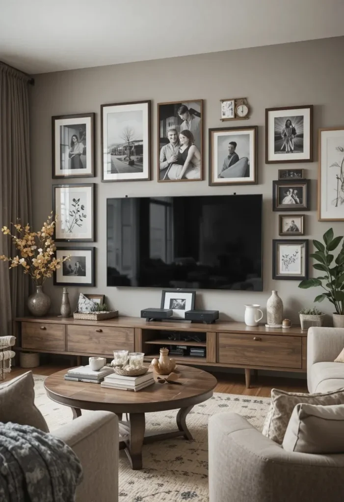 Living room TV wall surrounded by framed gallery art and personal photos