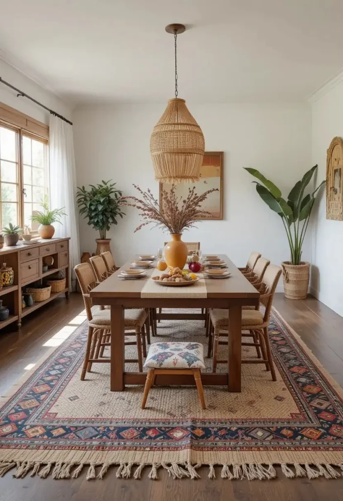 Dining room with layered rugs creating warmth and texture beneath the dining table.