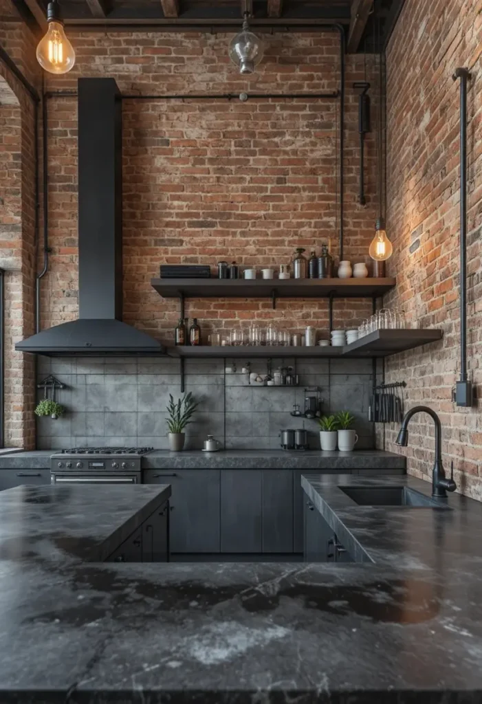 Industrial kitchen with black concrete countertops and exposed brick walls.