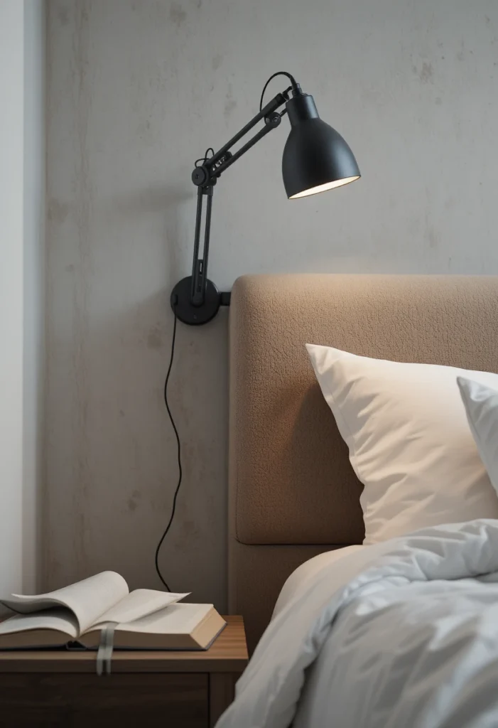 Clip-on reading lamp attached to modern bedroom headboard.