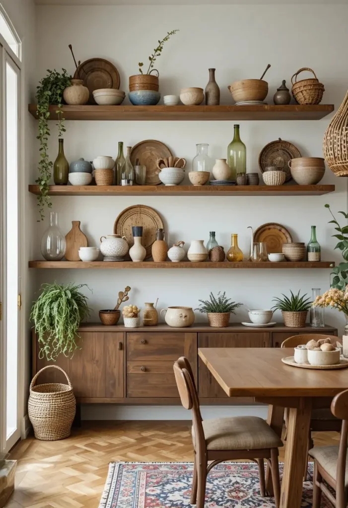 Open shelves styled with ceramics, plants and woven accents in a boho dining room.