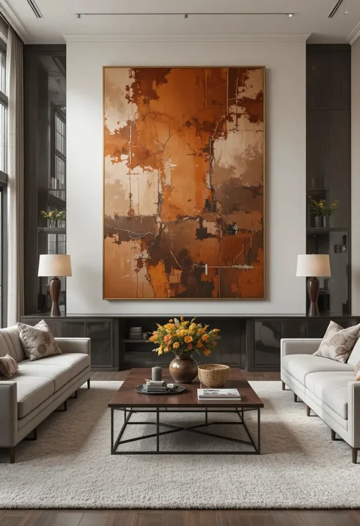 Living room with oversized abstract artwork as focal point