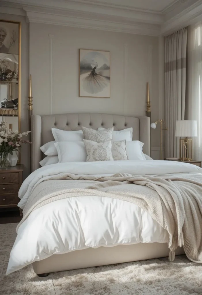 Full guest bedroom with luxurious white bedding and layered pillows