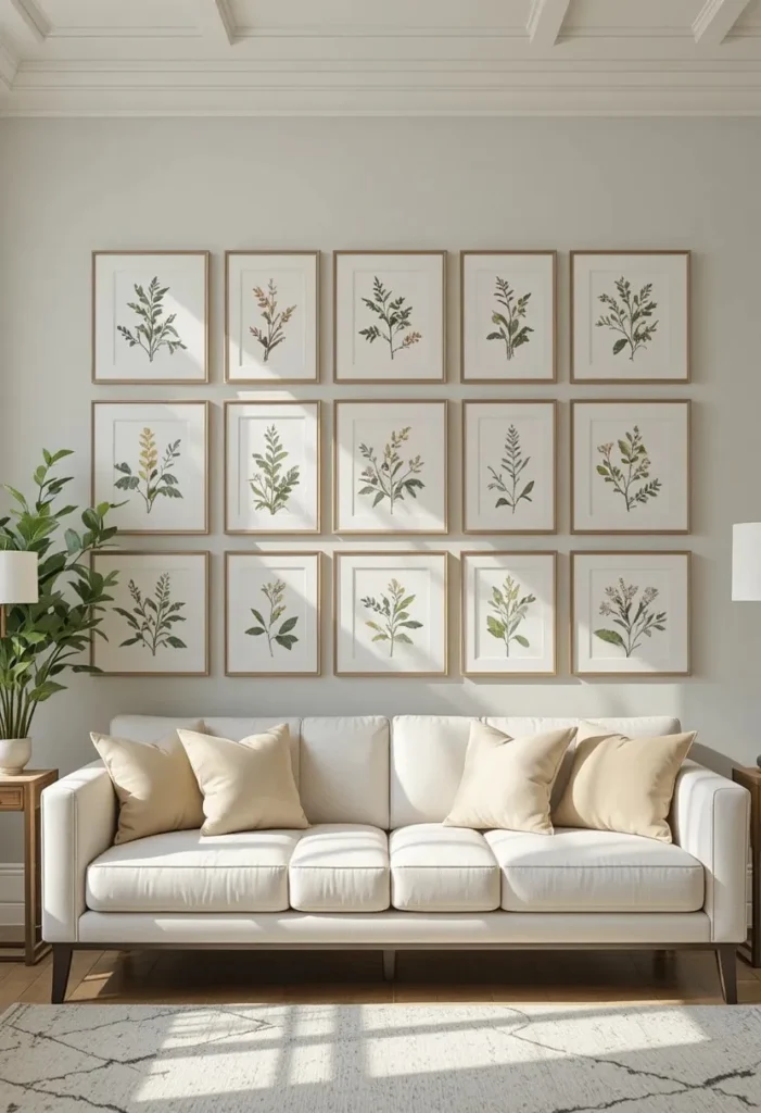 Living room wall with botanical prints for fresh natural style