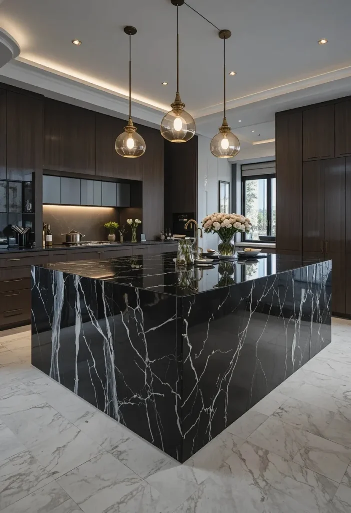 Black waterfall kitchen island countertop with continuous stone veining.
