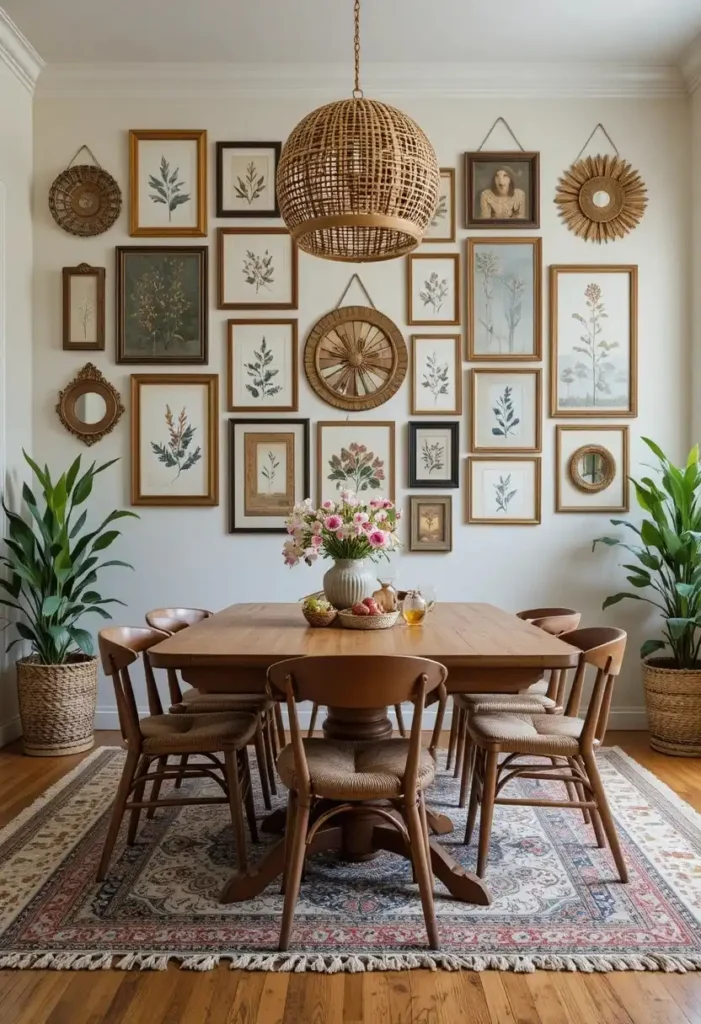 Boho dining room featuring a gallery wall with mixed frames and artwork.