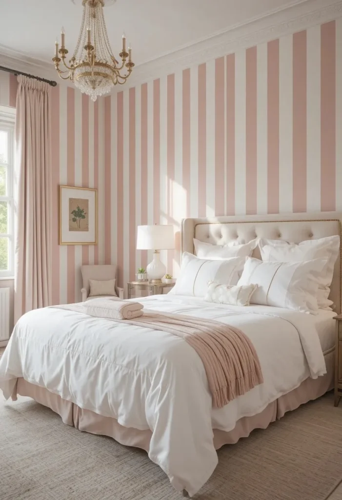 Blush pink and white striped bedroom walls with elegant decor.