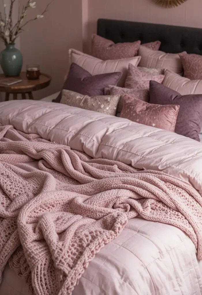 Layered pink bedding with soft throws and textured pillows.