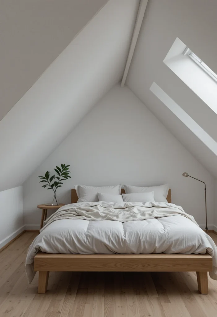 Minimal Scandinavian attic bedroom with low oak bed and white sloped ceiling
