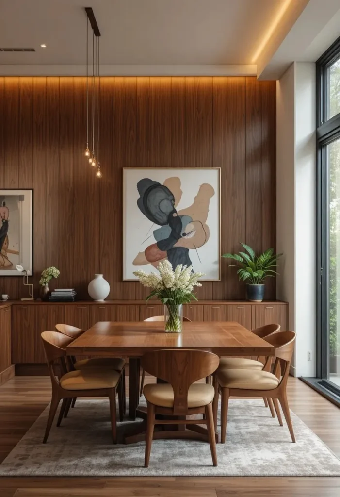 Dining room featuring warm timber paneling and classic mid century furnishings.