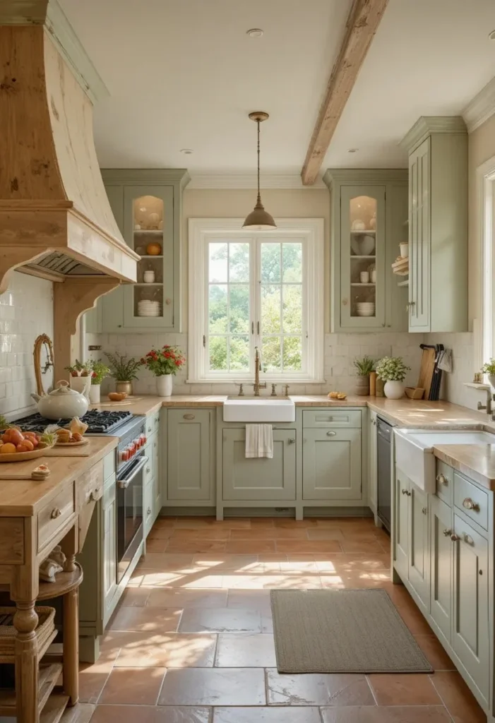 Sage green kitchen cabinets creating a soft earthy farmhouse kitchen look