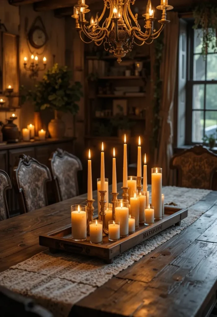 Boho dining table decorated with candle clusters creating a warm atmosphere.