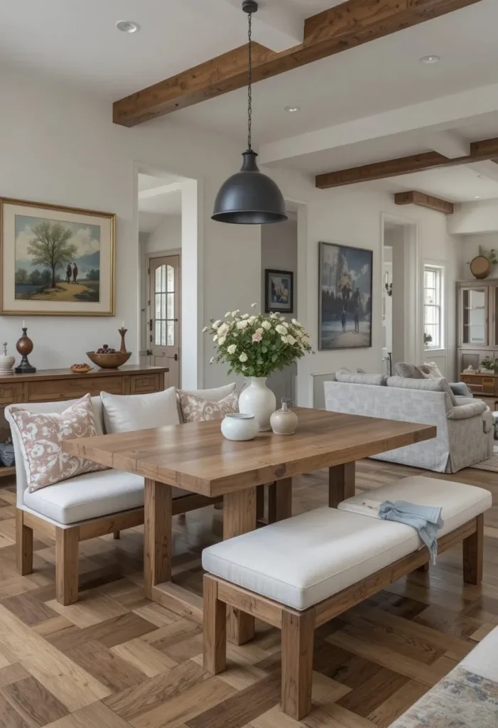 Living dining combo layout with bench seating for space-saving style