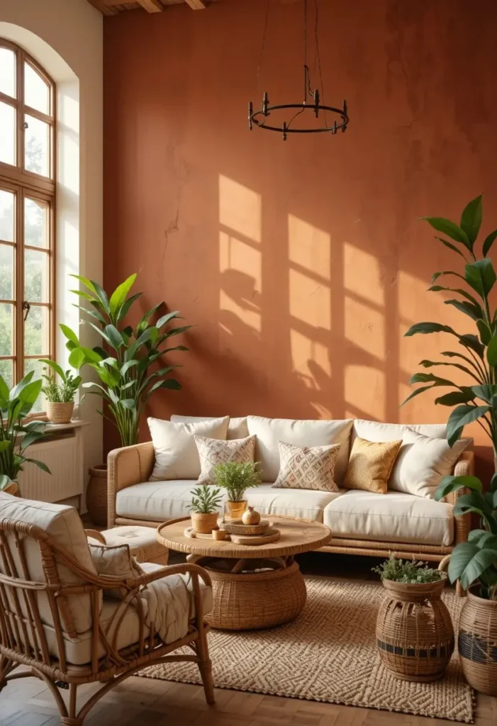 Terracotta accent wall creating warmth in a cozy living room.