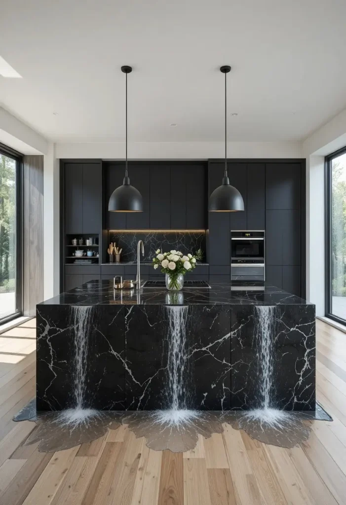 Modern kitchen with a dramatic black waterfall island contrasted against white walls and light wood floors.