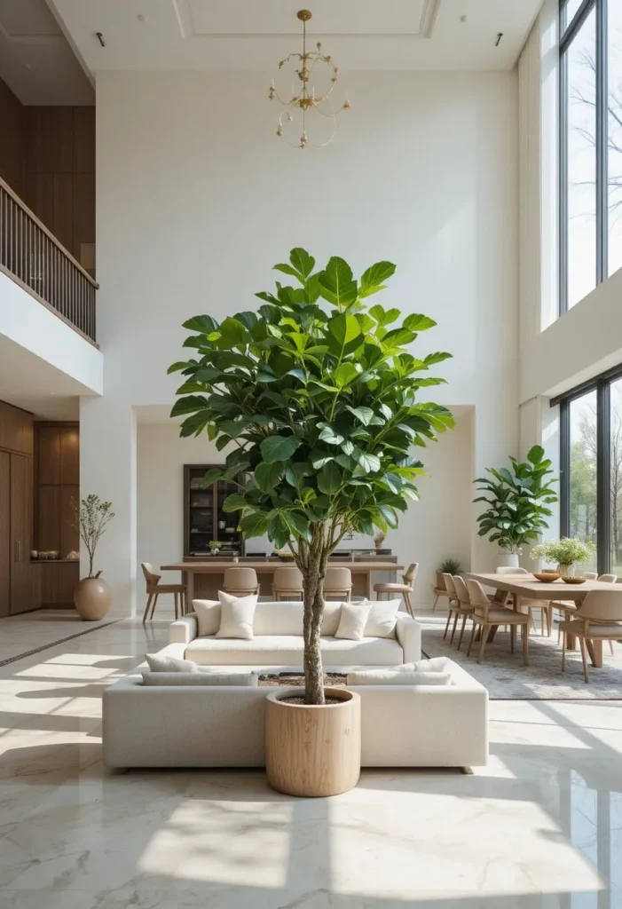 Full living dining combo with tall plants creating vertical division