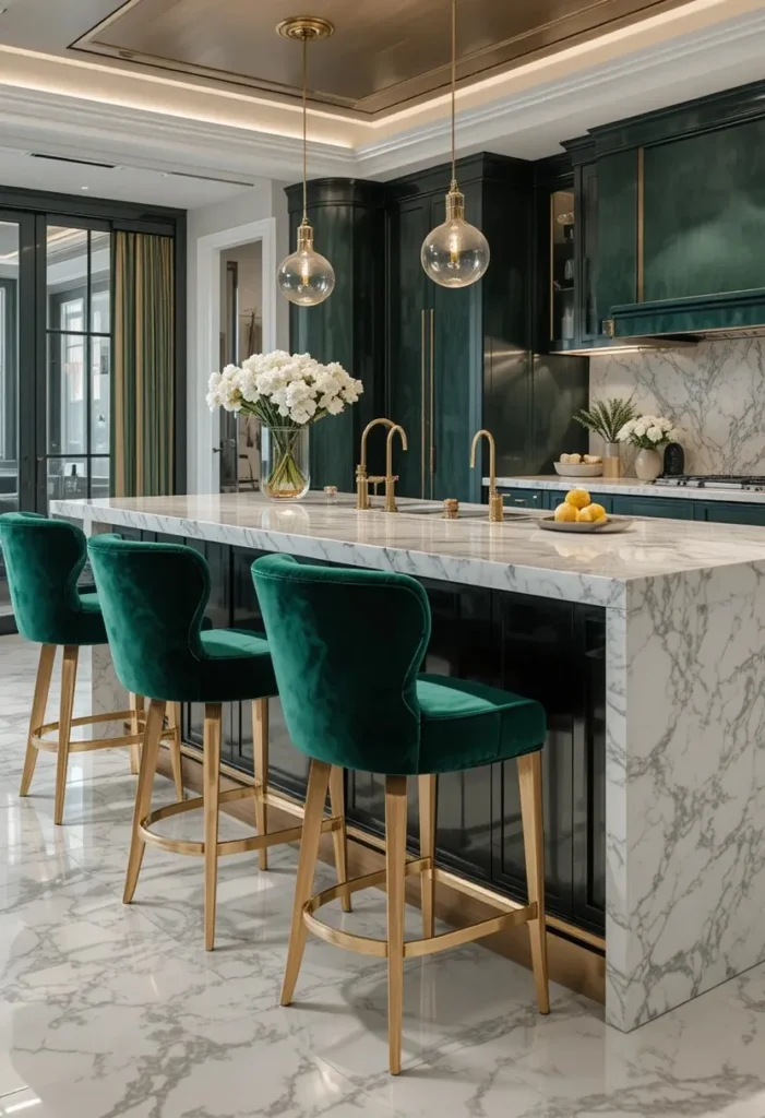 Elegant kitchen featuring luxurious velvet bar stools around the island.