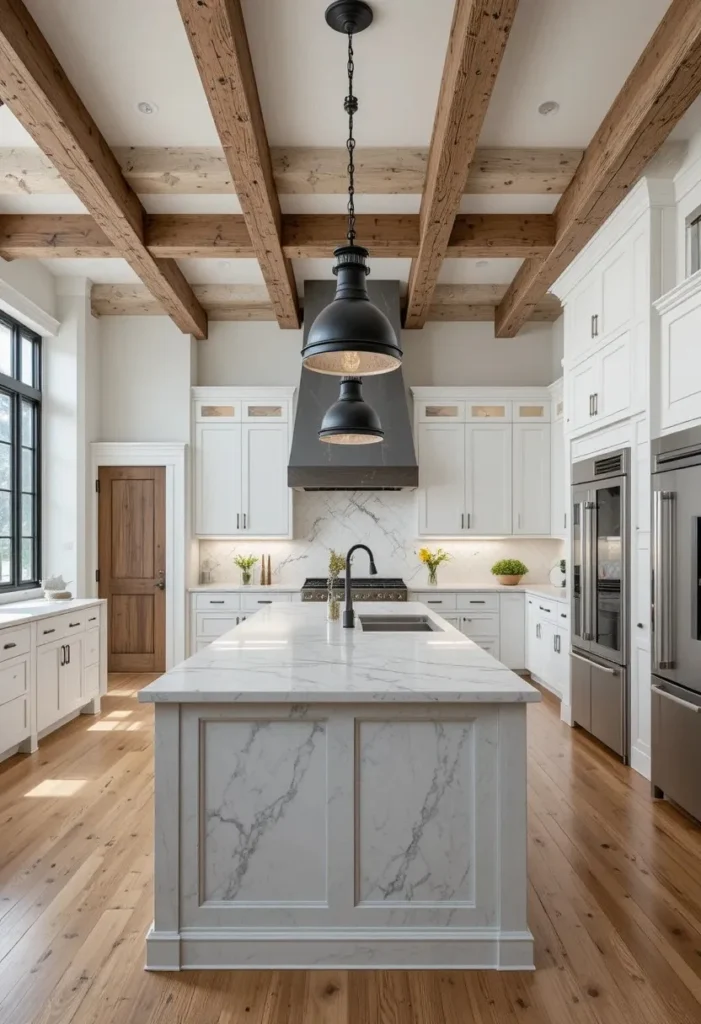 Wide kitchen featuring black industrial pendant lights over a marble island with farmhouse details.