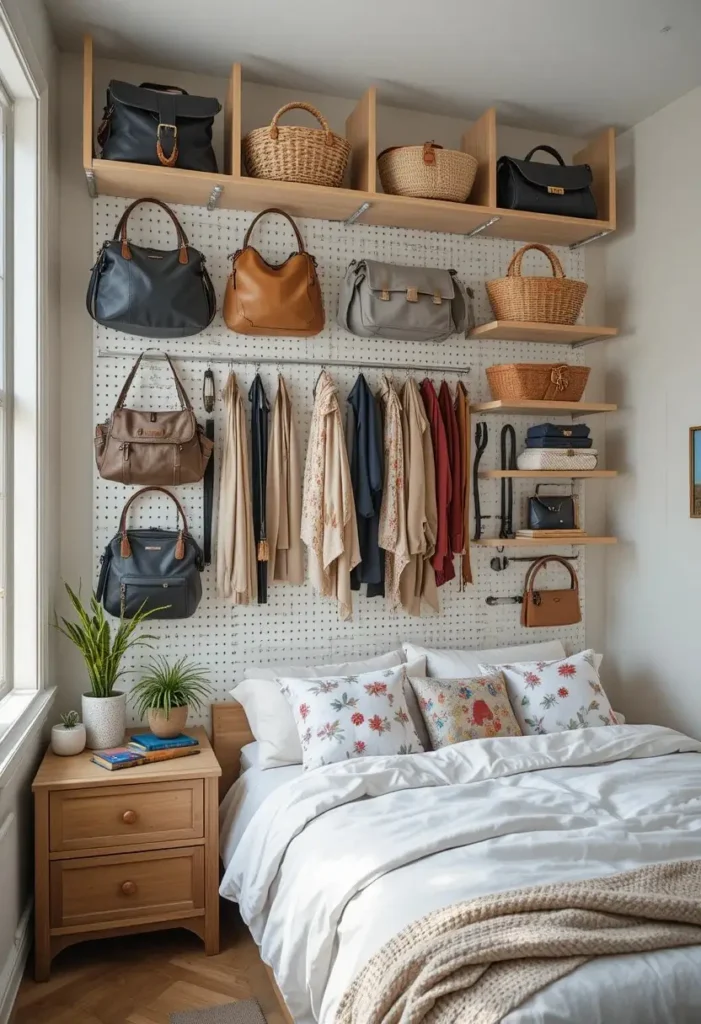 Bedroom wall with a pegboard storage system holding accessories and everyday essentials.